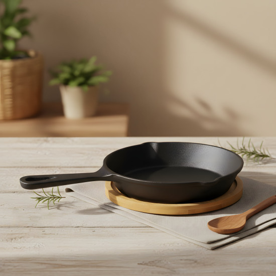 Iron Pan with Wooden Base